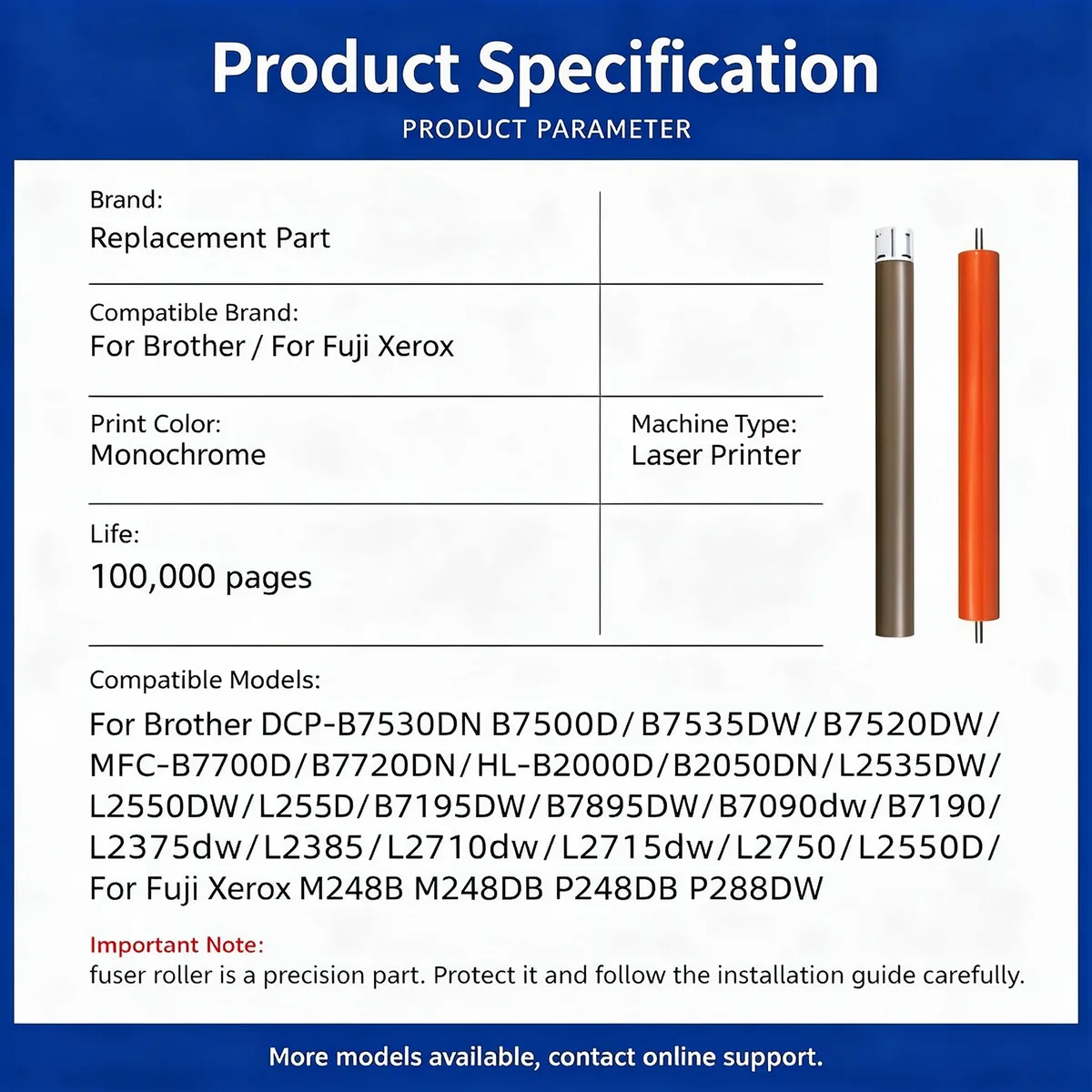 For Brother DCP-B7530DN Fuser Lower Pressure Roller view 5
