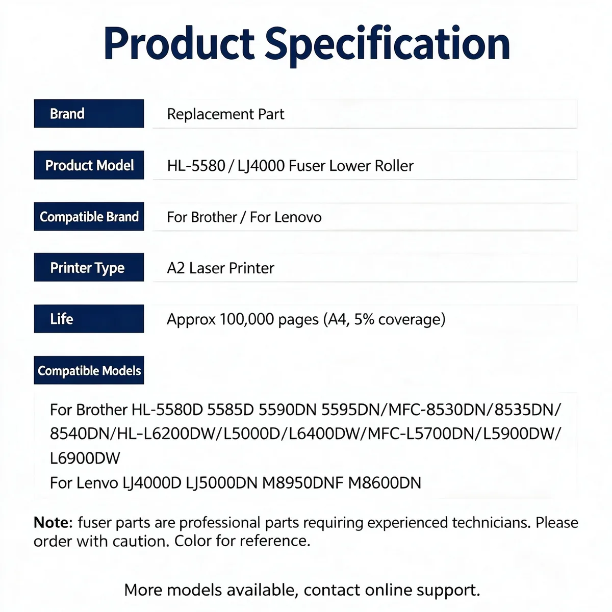 For Brother HL-5580D Fuser Lower Pressure Roller view 5