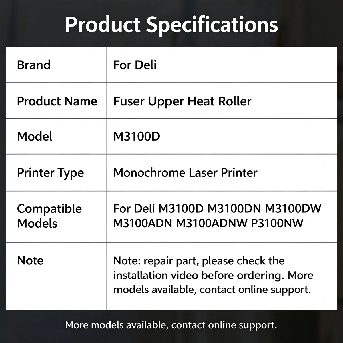 For Deli M3100D Fuser Upper Heat Roller view 4