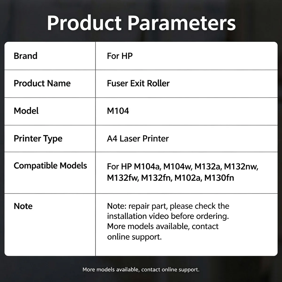 For HP M104a Fuser Exit Paper Roller view 5