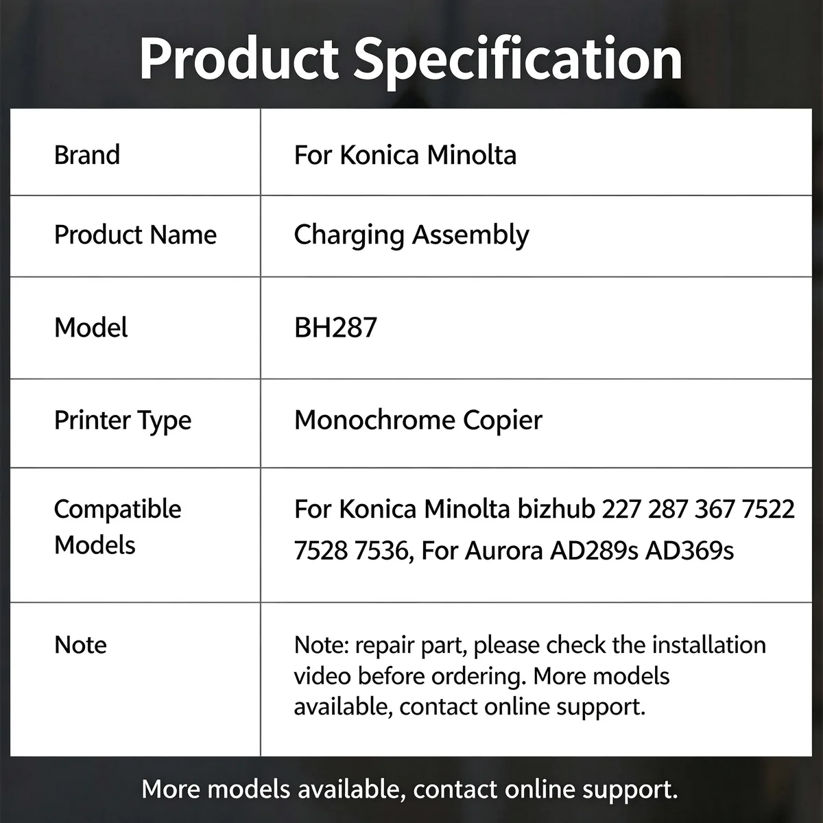 For Konica Minolta DR312 BH287 Charging Assembly view 4